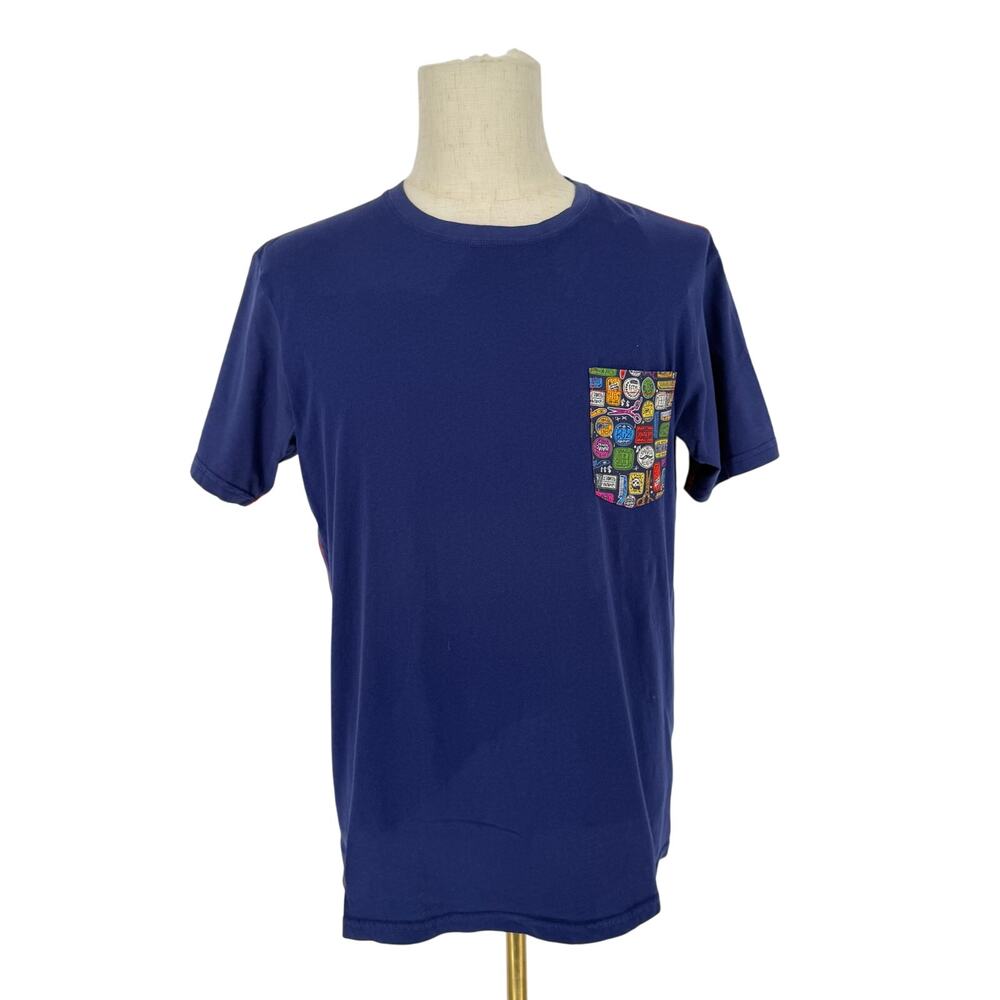 Robert Graham Short Sleeve Crew Neck Graphic T-Shirt Barber Shop Print Navy L